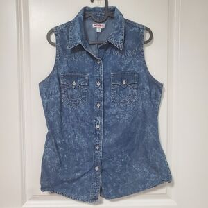 True Religion Blue Sleeveless Button Top Size L
